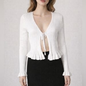 IT'S OUR TIME White Ribbed Ruffle Bow Tie Cardigan Castlecore Sweater Medium
